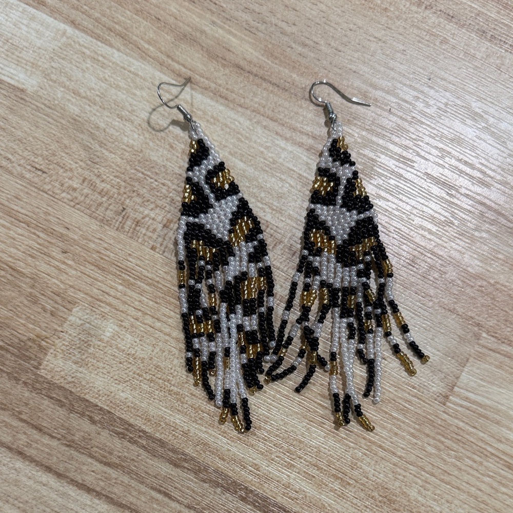 Beaded Fringe Earrings in Black, Gold, and Silver Leopard Print